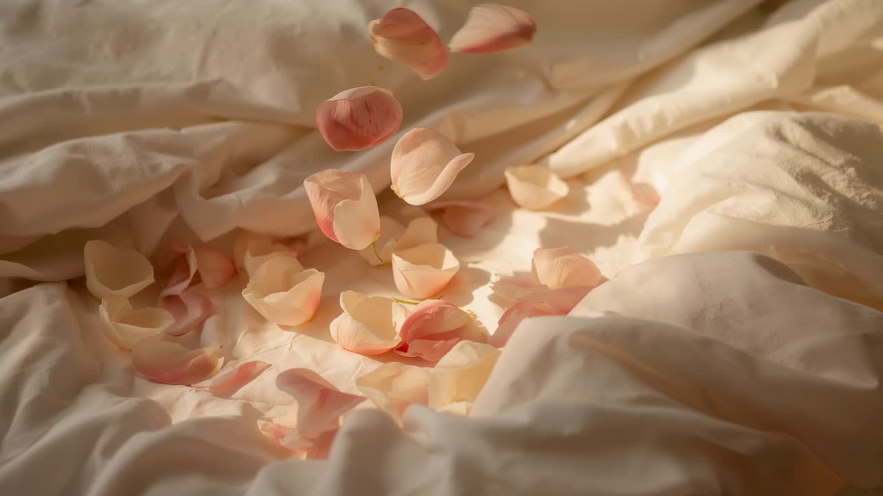 Petals falling from right rotating and settling, forming cluster on cream duvet on bed in sunlight