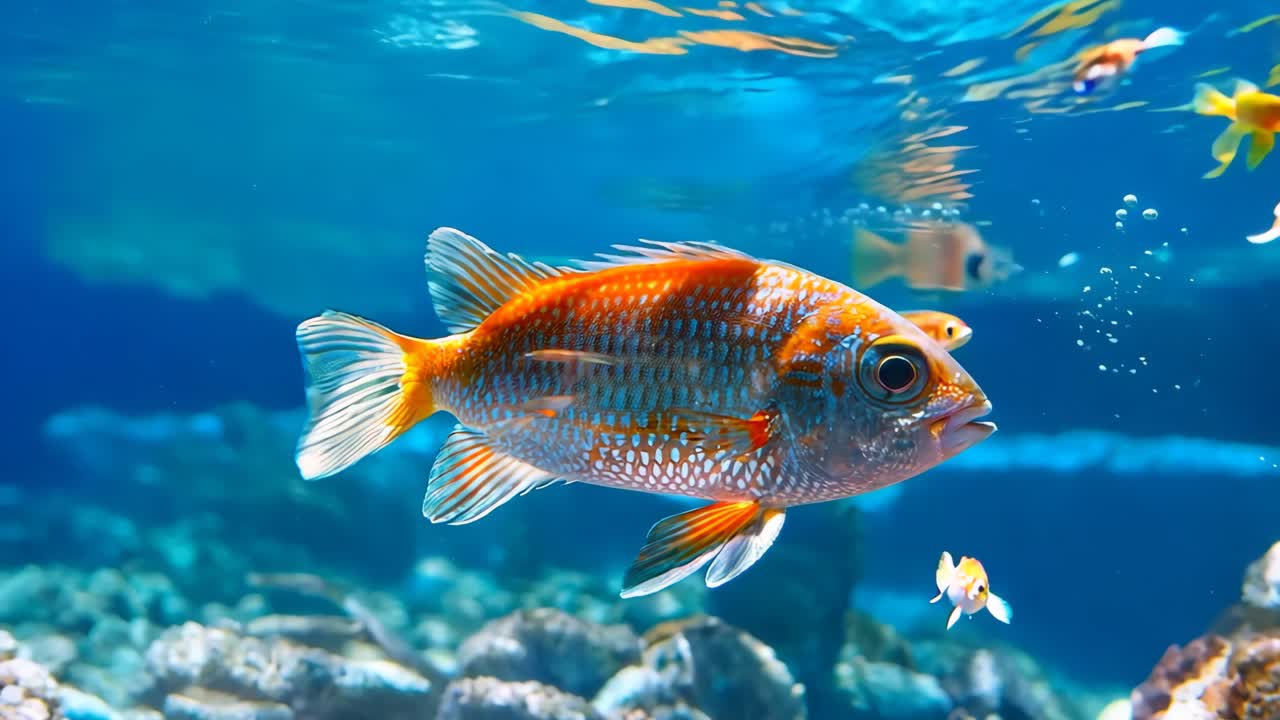 A fish is swimming in a tank with other fish. The fish is orange and white. The tank is filled with water and rocks