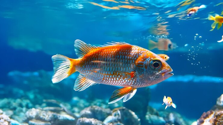 A fish is swimming in a tank with other fish. The fish is orange and white. The tank is filled with water and rocks