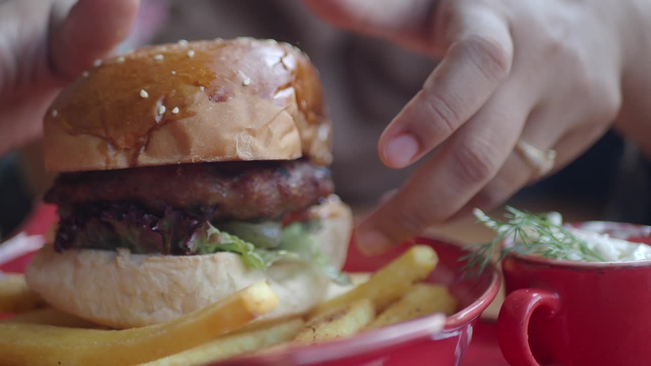 Burger with fries and sauce