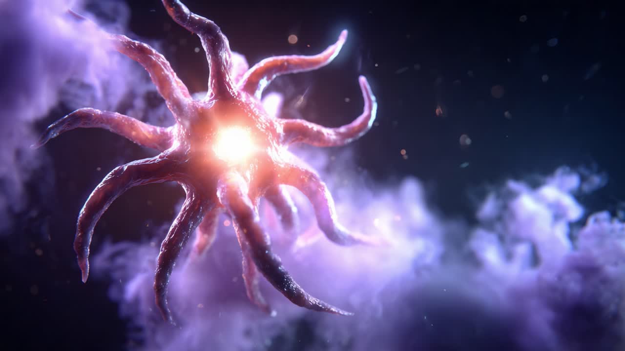 A captivating and mesmerizing portrayal of a fantastical, luminous creature with twisting appendages emerging from a cloud-like environment, illuminating the surrounding darkness with a magical glow