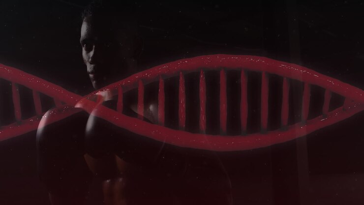 Animation of dna strain spinning over man exercising with boxing gloves