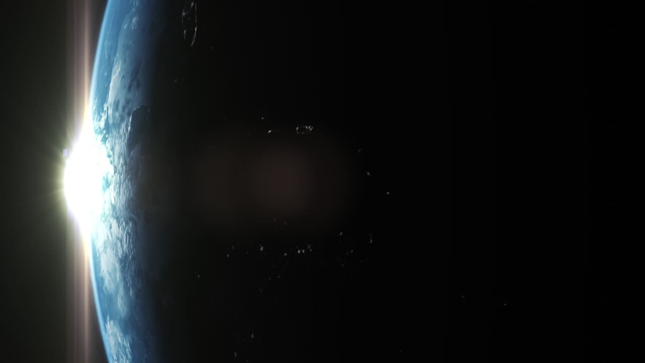 Vertical format : A cinematic rendering of planet Earth during sunrise as view from space with vibrant blue sky atmosphere