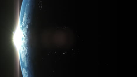 formato vertical: una representación cinematográfica del planeta tierra durante el amanecer como vista desde el espacio con una vibrante atmósfera de cielo azul
