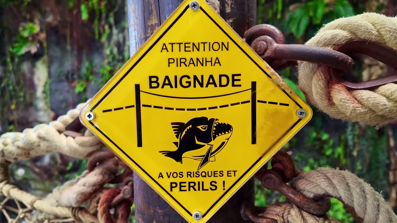 Close-up view of yellow warning sign about piranhas hanging on rusty chain in tropical jungle environment