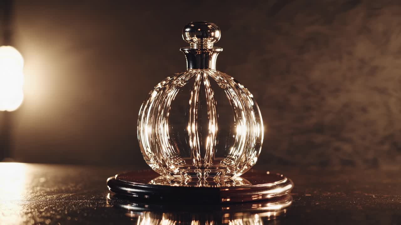 Elegante video ravvicinato di un flacone di profumo in vetro su una superficie riflettente, con illuminazione spettacolare