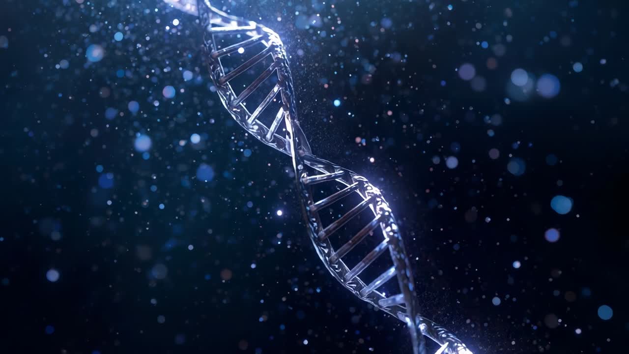 Rotating translucent DNA helix under bluish lighting in dark space, for molecular visualization