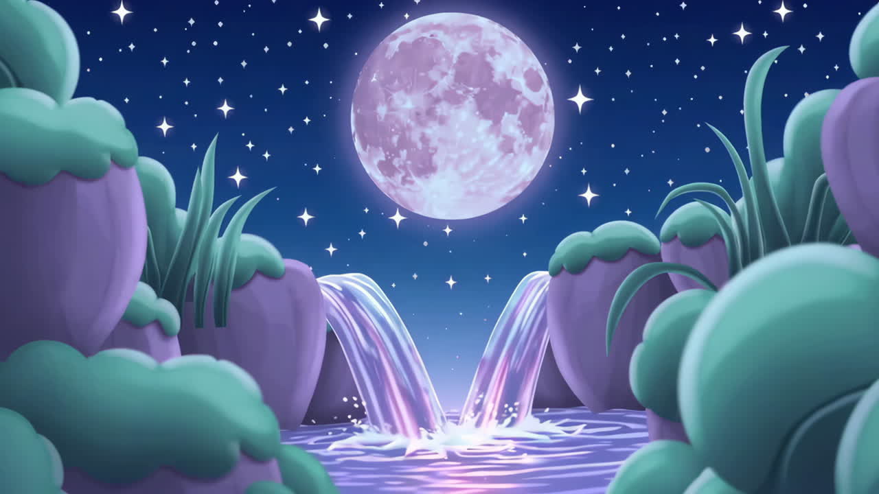 Nighttime Waterfall Scene Under the Full Moon