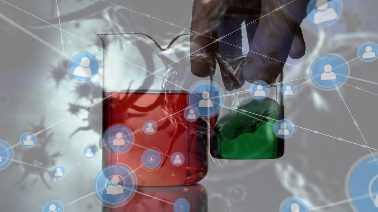 animación de la red de conexiones sobre vasos de laboratorio y células de covid 19