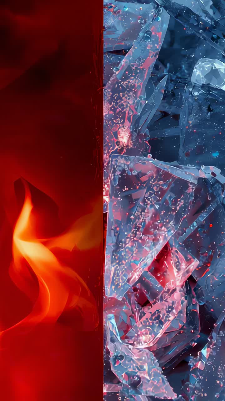 Vertical video: Looping split on tall screen, flickering flames and glinting ice showing contrast