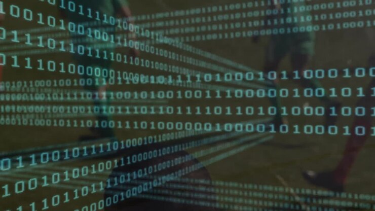 Animation of binary coding over diverse football players on stadium