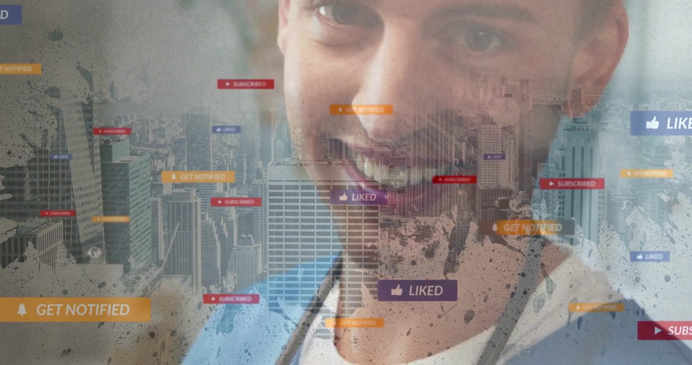 Video verticale: Medico che sistema lo stetoscopio, sorridendo con le mani al viso, con widget a forma di skyline intorno a lui per ispirare fiducia.