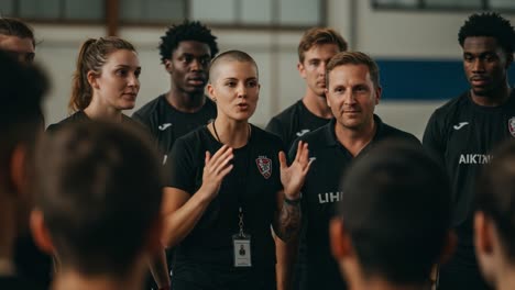 passionate coaches lead a motivational team meeting, inspiring unity and focus among players in a dynamic sports environment