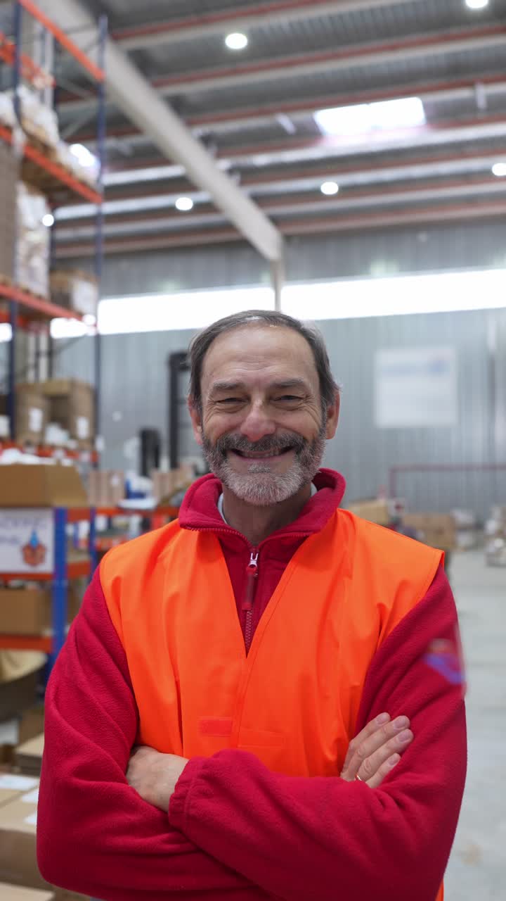 Uomo in magazzino che indossa un giubbotto di sicurezza