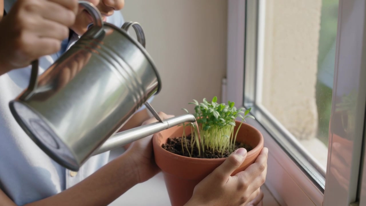 Due bambini in uniforme che sollevano l'annaffiatoio, versano acqua sul davanzale, stabilizzano il vaso e annaffiano le piantine.