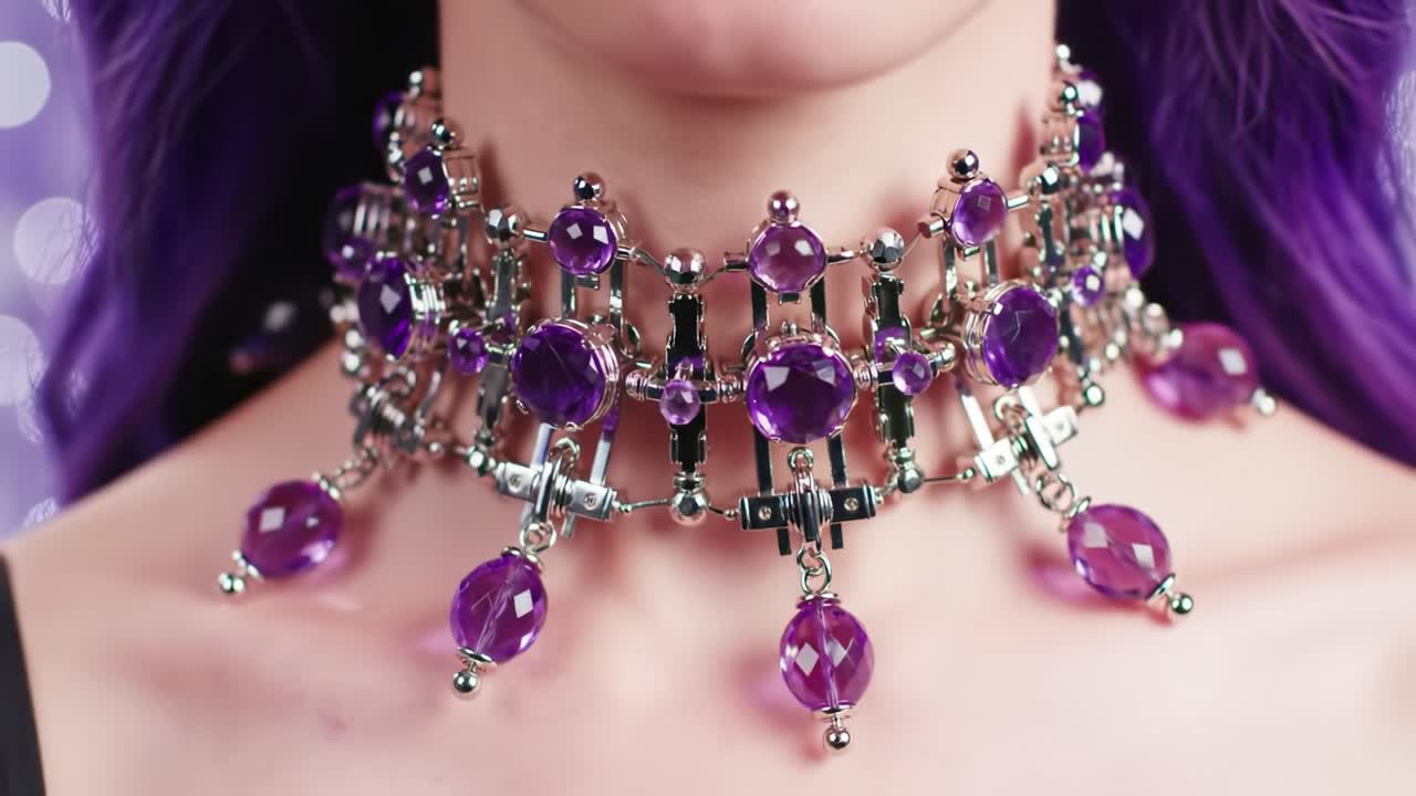 A Stunning Collection of Elegant Choker Necklaces Featuring Exquisite Purple Gems and Metallic Accents, Perfect for Adding Glamour to Any Fashion Ensemble
