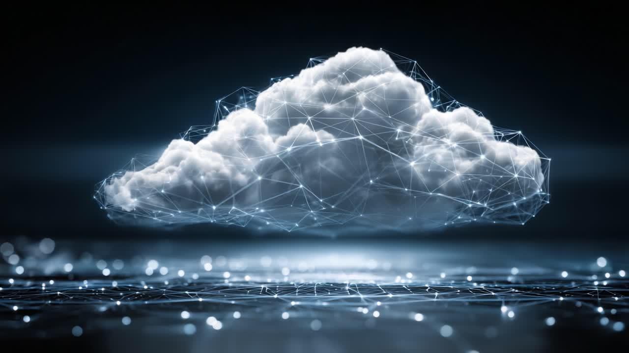 A surreal representation of a cloud composed of interconnected lines and nodes, depicting the fusion of nature and technology in a digital landscape