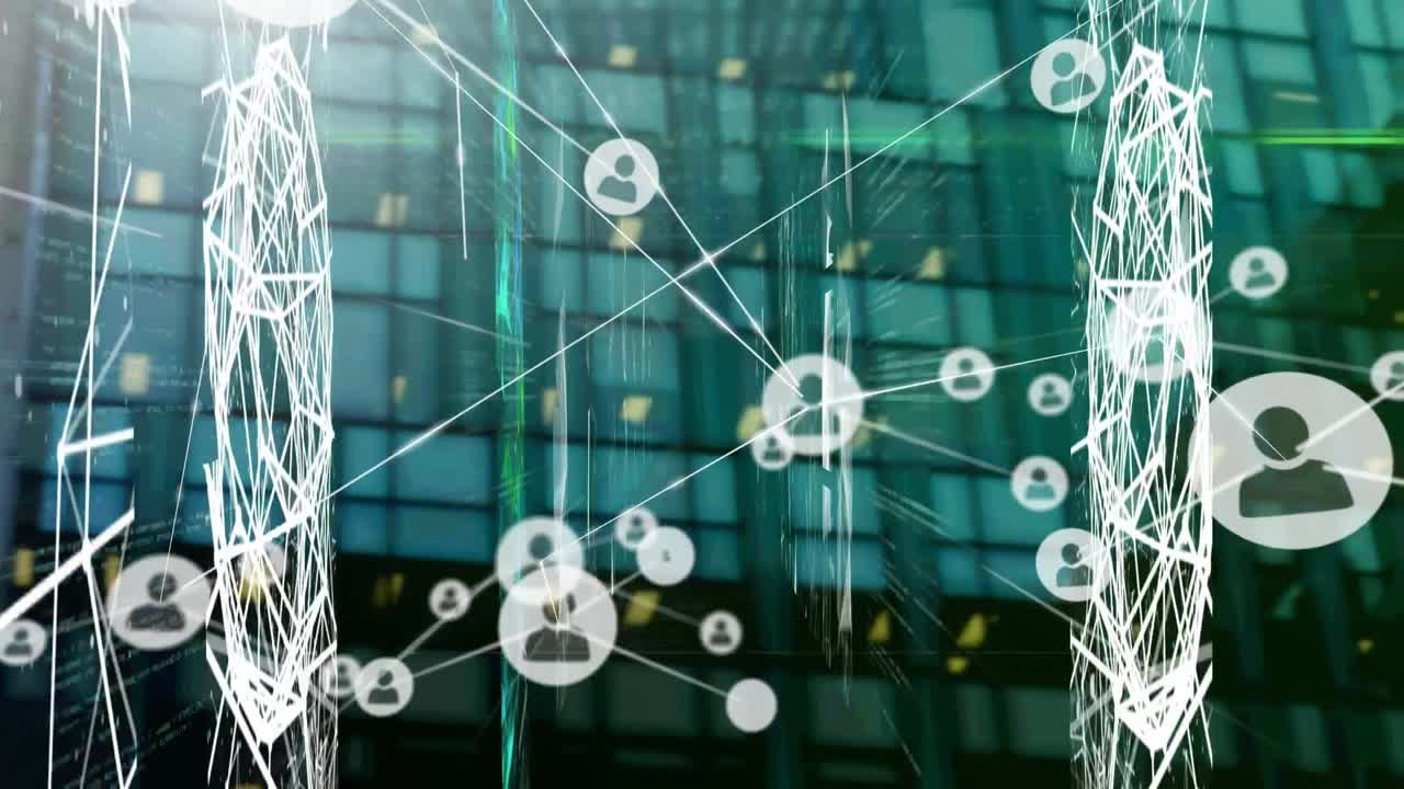 Animation of network of connections with icons over cityscape