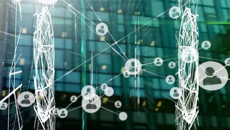 animation of network of connections with icons over cityscape