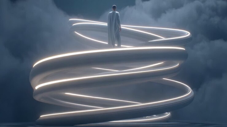 A figure stands atop a spiraling, luminous structure surrounded by ethereal clouds, evoking a sense of wonder and imagination in a surreal landscape of light and form
