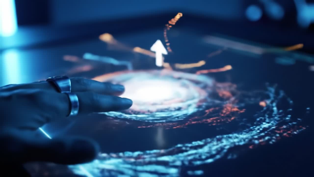 An engaging interactive display uses holographic technology to visualize complex data. A hand interacts with swirling lights, illustrating an innovative exploration of space and data.