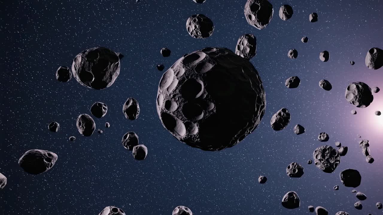 Dynamic video concept of asteroids in space, captured from a wide-angle perspective