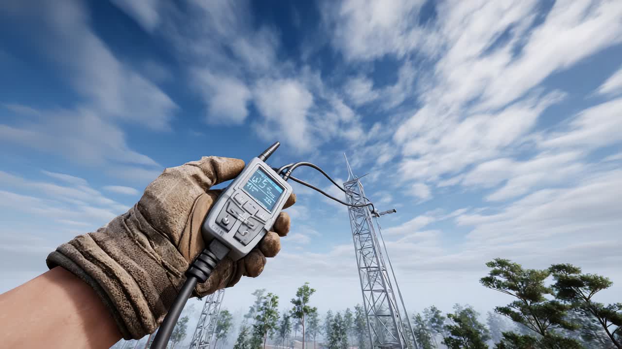 A technician uses a handheld measurement device while inspecting a communication tower against a backdrop of a clear blue sky dotted with clouds, showcasing the modern technology involved in fieldwork