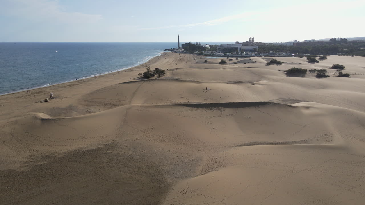 Aerial view of Maspalomas sand dunes at sunset, Gran Canaria, Canary islands, Spain