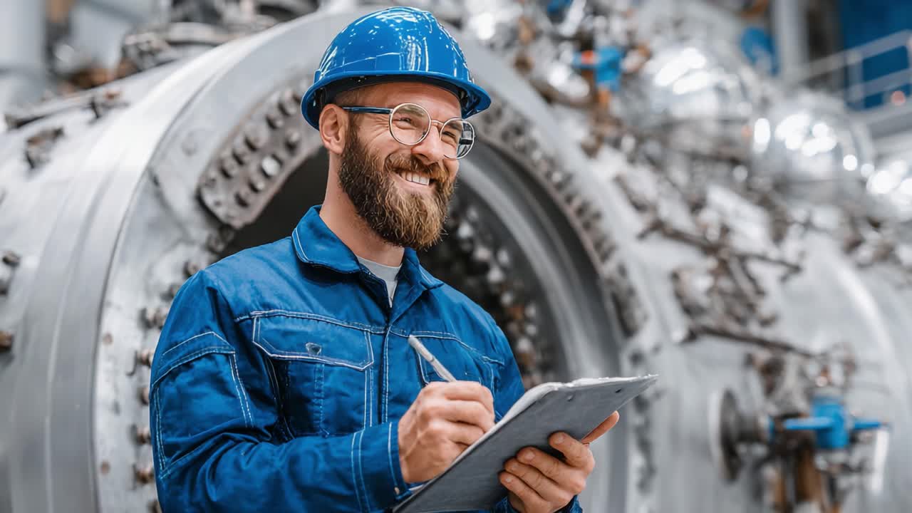 A Skilled Engineer in Safety Gear Reviews Technical Details Amidst Industrial Equipment, Optimizing Processes and Ensuring Precision in Manufacturing Operations