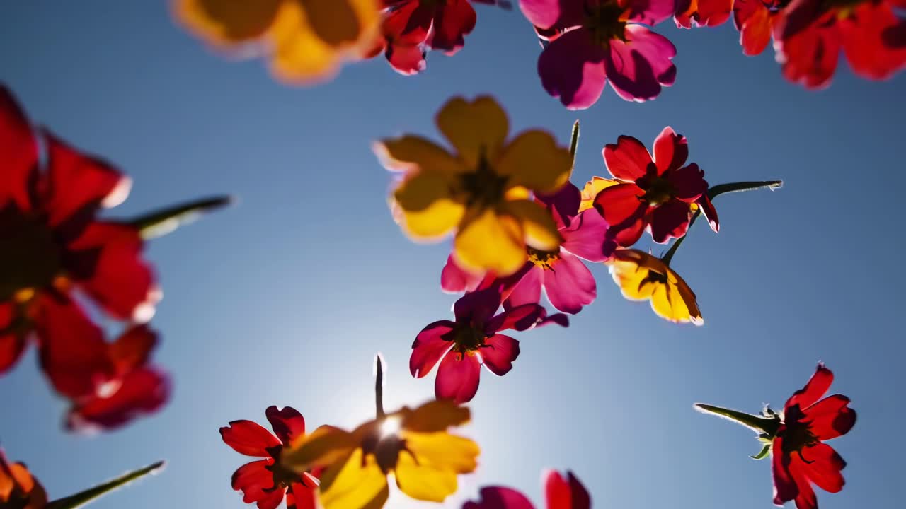 Fiori vivaci ripresi dal basso contro un cielo blu chiaro, creando un effetto dinamico.