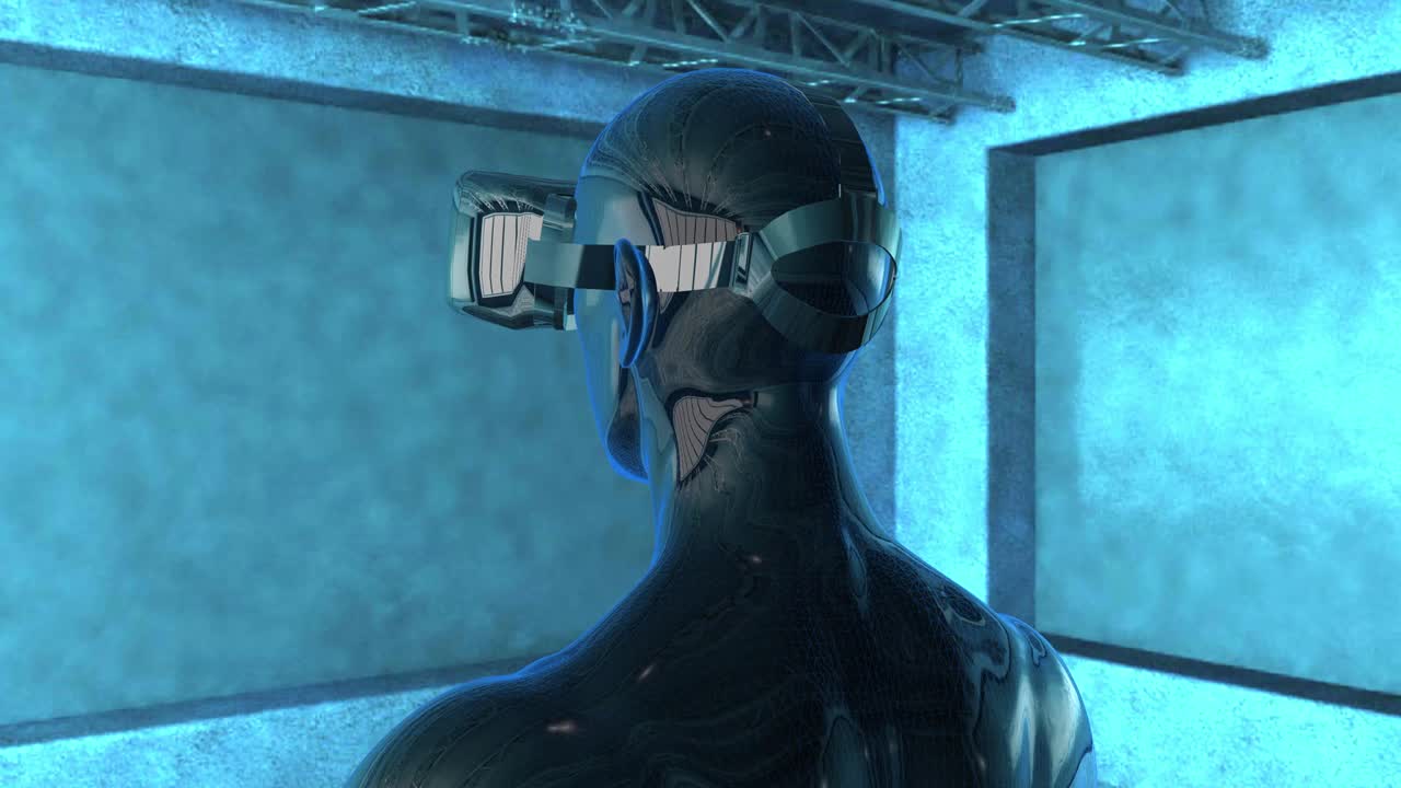 hombre silueta usando dispositivo de realidad virtual (vr), movimiento de movimiento en el mundo 3d digital abstracto.