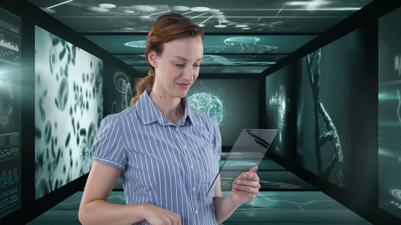 animación de una mujer de negocios que usa una tableta sobre pantallas con procesamiento de datos médicos