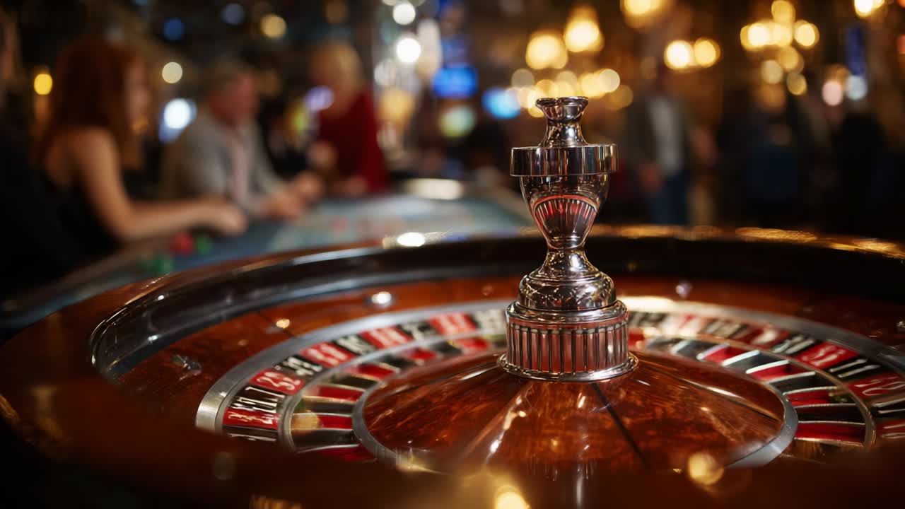 A Captivating Roulette Wheel Displaying Its Silver Stake As Players Anticipate Their Fortune Under The Glimmering Lights Of A Lavish Casino Atmosphere Filled With Excitement And Chance