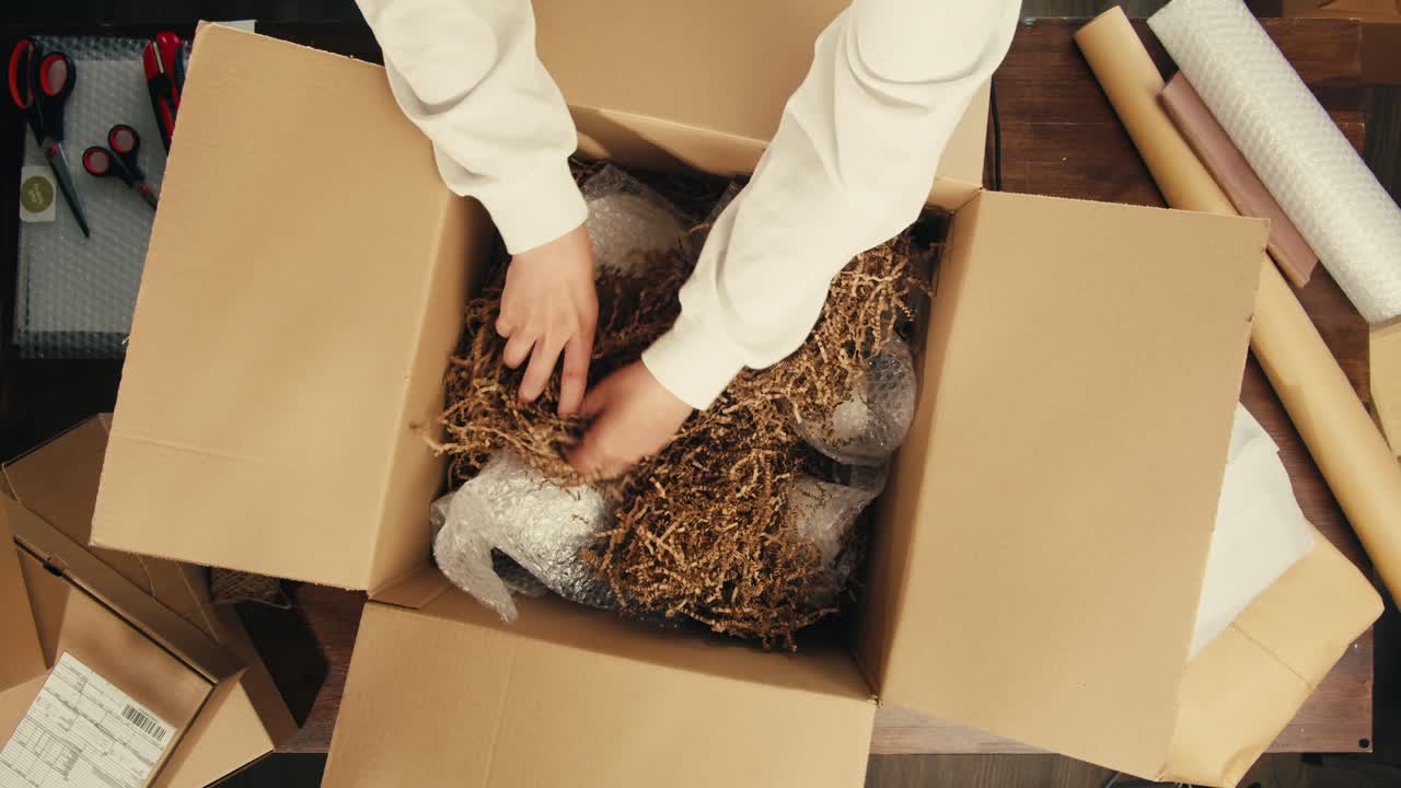 E-commerce storage shop, woman packing goods and clothes for second hand delivery market, dedicated Packaging and Shipping Workspace with Supplies and Technology for efficiency, online sales.