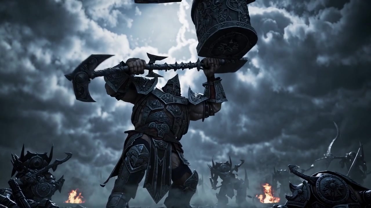 Armored Warrior Holding Massive War Hammer on Battlefield