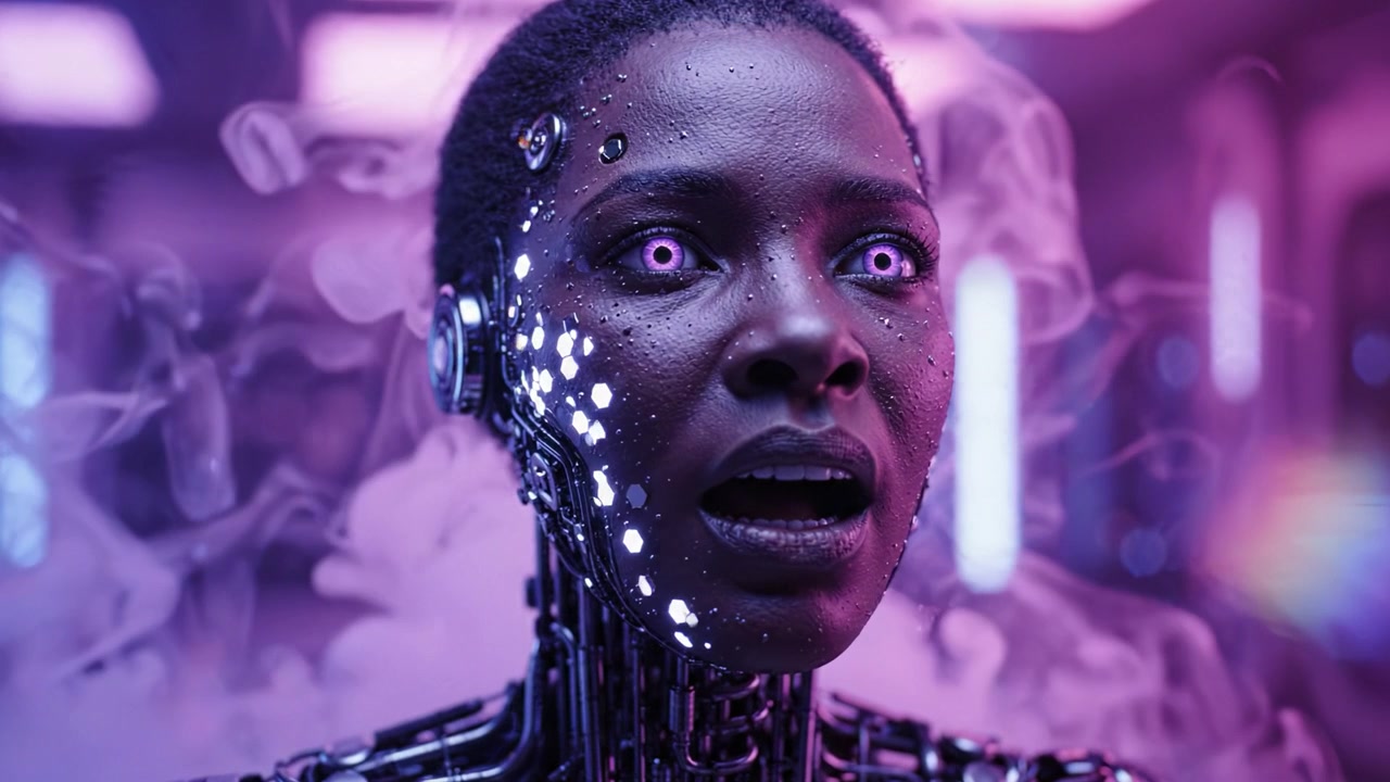 Una straordinaria figura cyborg emerge da un ambiente ultraterreno, mostrando intricati dettagli meccanici e occhi luminosi, affascinando con il suo volto inquietantemente espressivo.