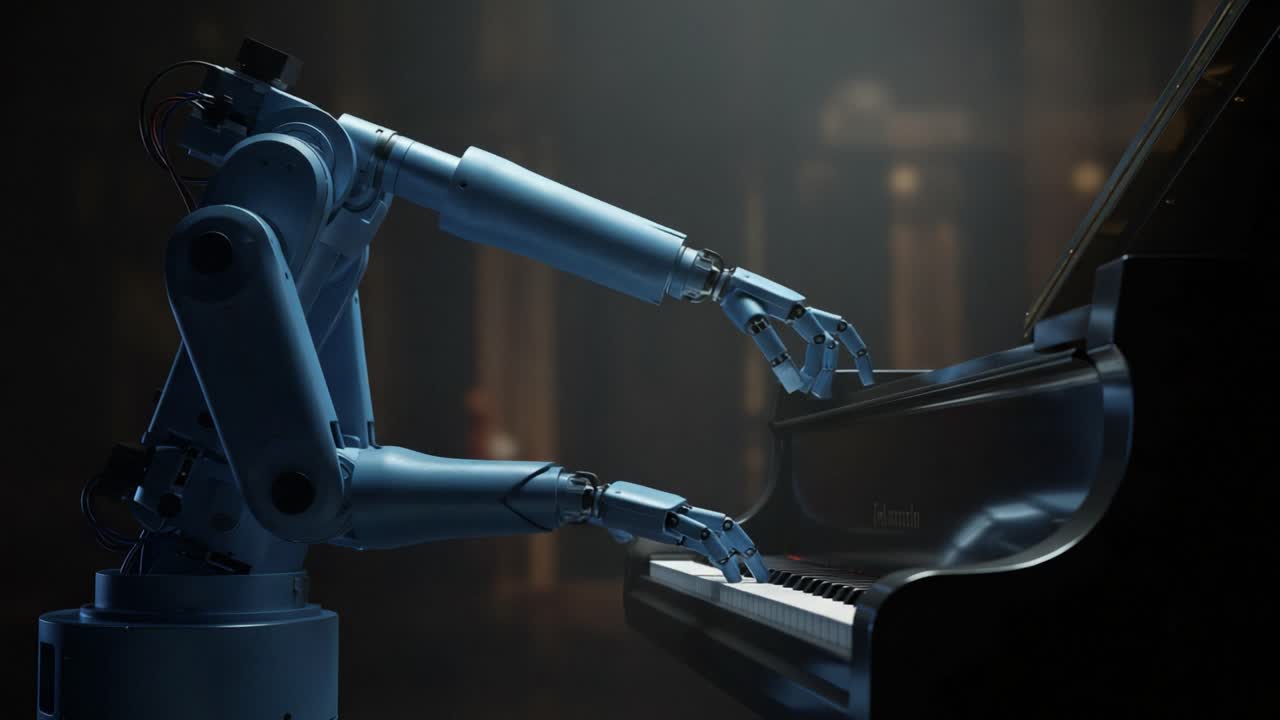 A Robotic Arm Masterfully Plays the Piano, Showcasing Advanced Technology and Artistry in a Stunning Performance Concept in a Dimly Lit Room