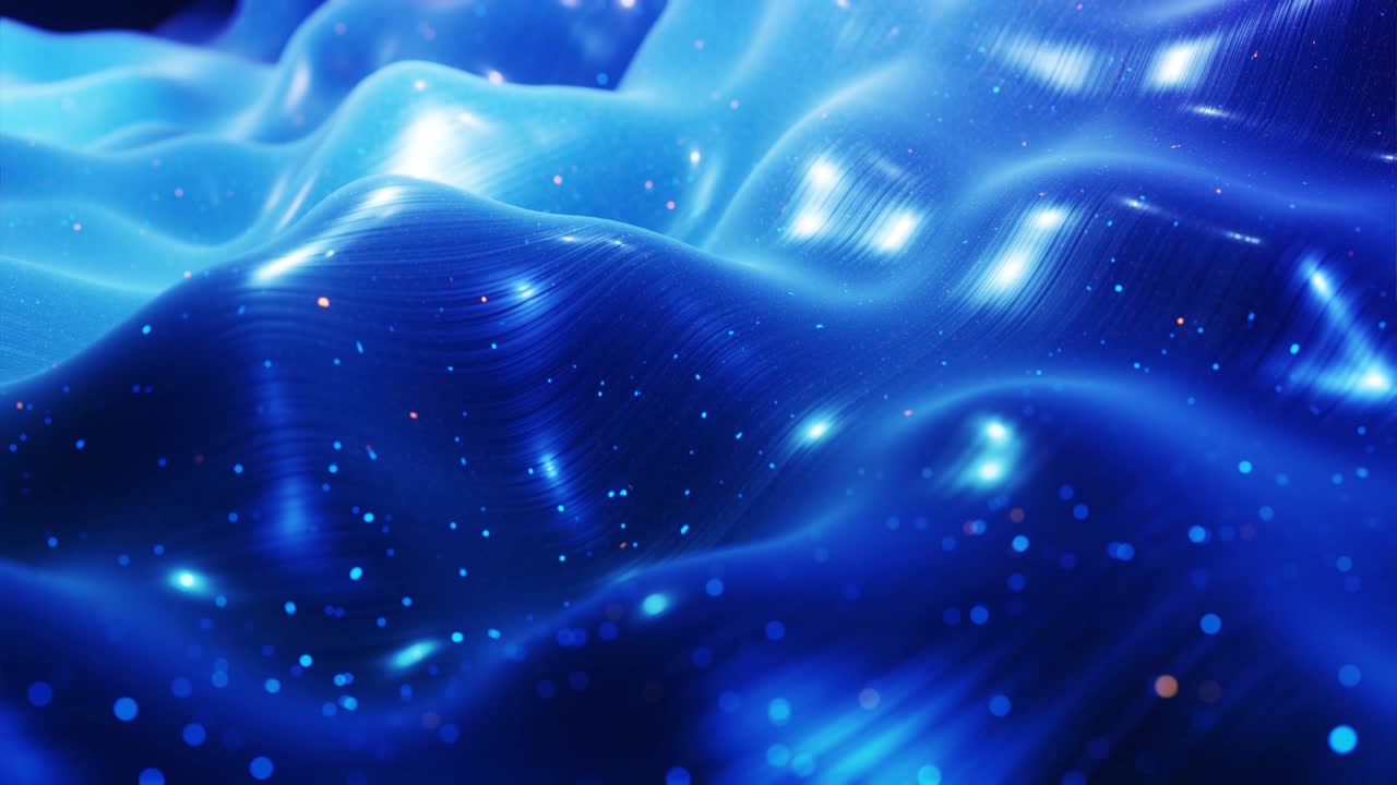 fantastical festive blue bg. Stylish abstract looped background, waves move on glossy surface like landscape made of liquid blue wax with sparkles. Beautiful soft background with smooth animation 4k