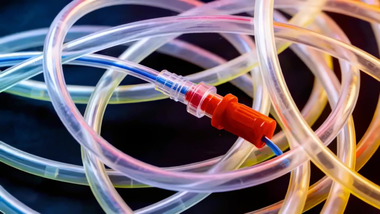 Panning camera revealing clear tubing with red fitting and blue tube on dark tabletop, rim lighting