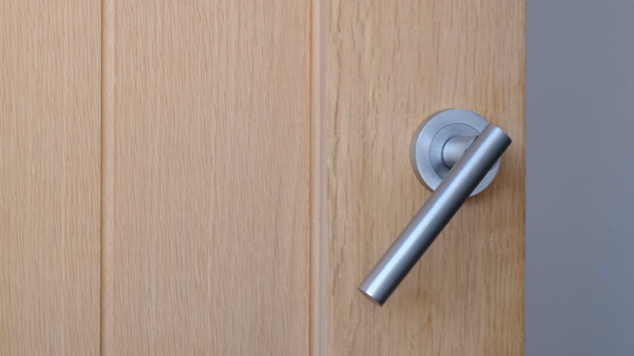 Indvendigt dørhåndtag i børstet aluminium åbner og lukker en moderne eller nutidig indvendig trædør med egetræspaneler