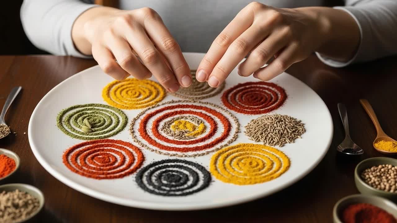 A Creative Culinary Design: Crafting Beautiful Patterns with Vibrant Spices on a Plate, Showcasing a Passion for Flavor and Artistry in Food Presentation