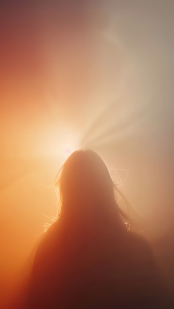 Vertical video: Standing woman in jacket, pulsing backlight making halo at set, haze and lens flare