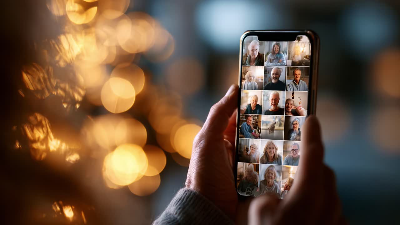 A Close-Up of a Hand Holding a Smartphone Displaying a Collage of Diverse Faces Against a Softly Lit Background, Capturing Memories Through Digital Connections