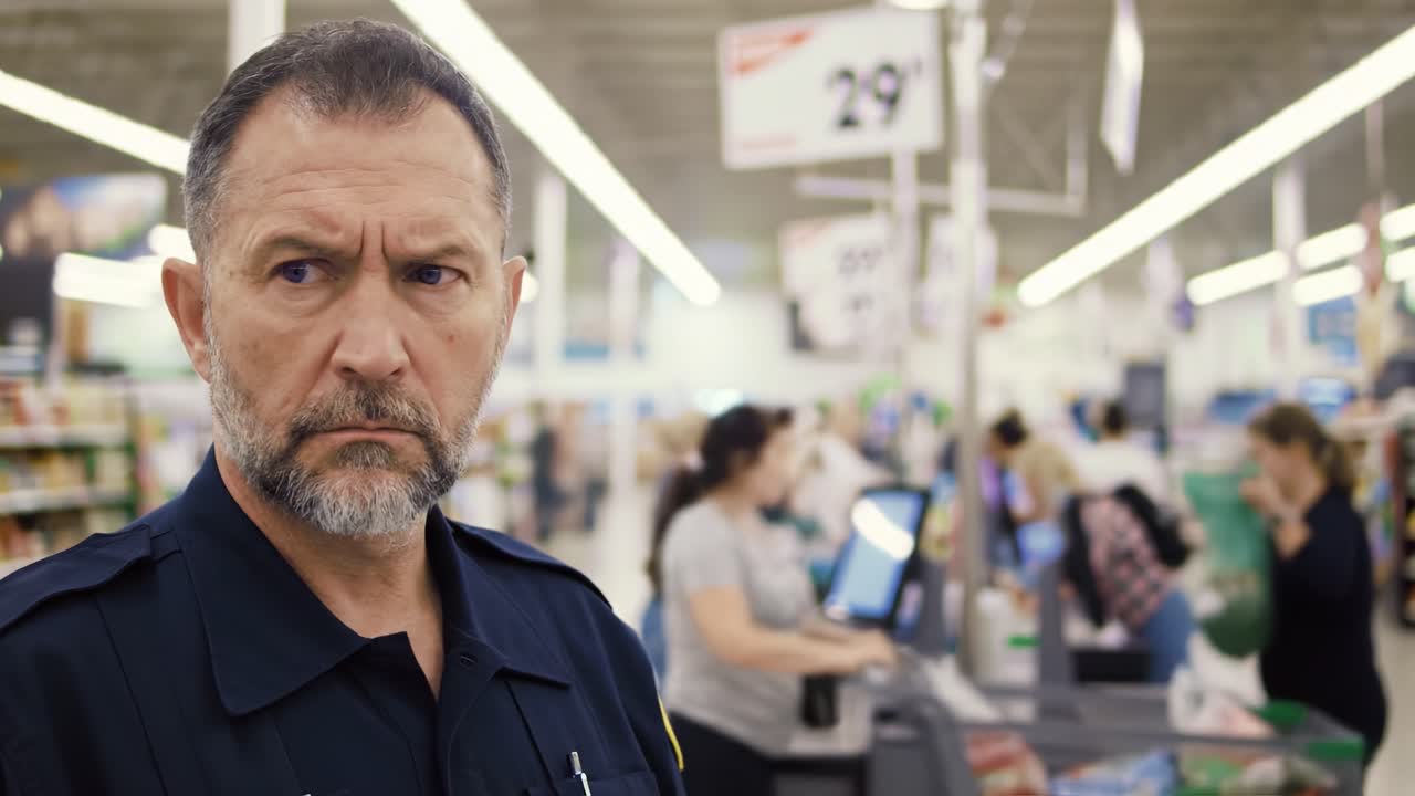 A Close Look at a Security Officer in a Busy Retail Environment, Observing Customer Interactions and Activities Amidst a Crowded Check-Out Area