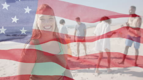 animation of flag of usa over happy diverse friends recycling on beach in summer