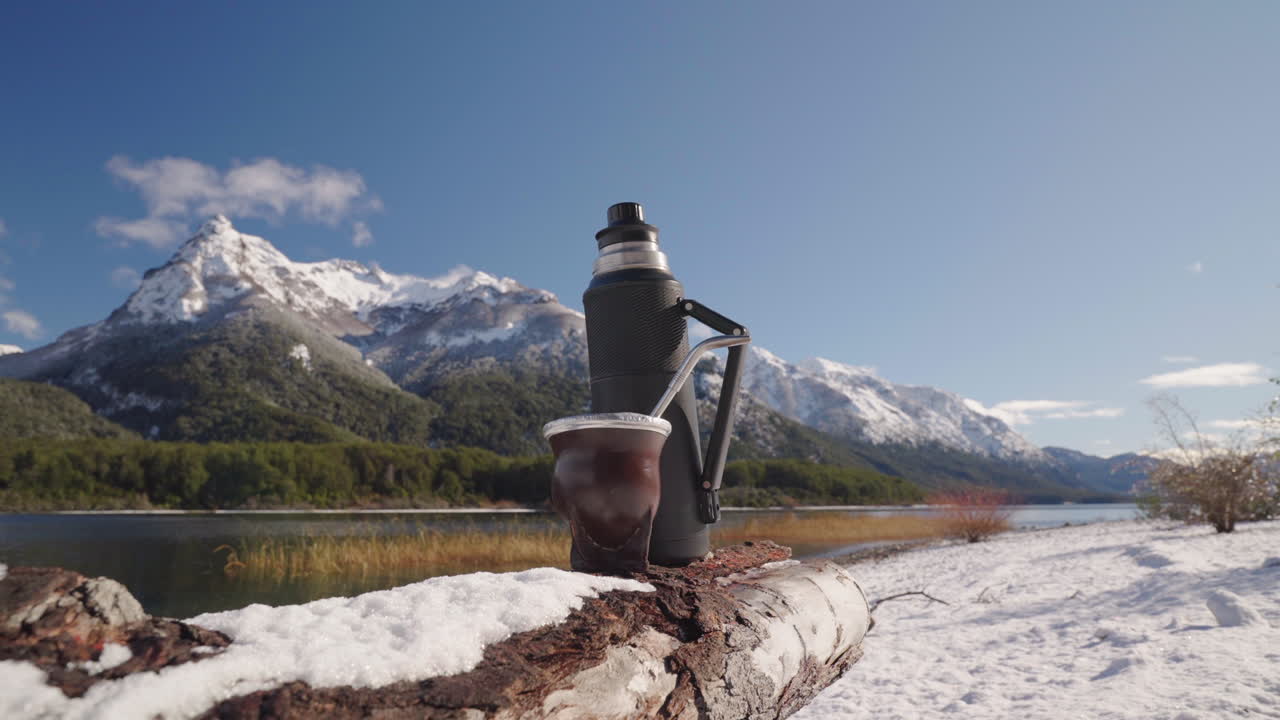 Yerba mate cup and warm thermos of hot water on log by a mountain lake in Los Alerces park during winter, Chubut Patagonia Argentina