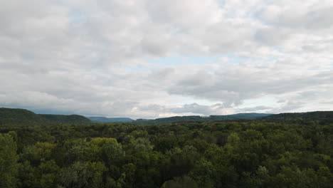 flyover aerial shot of lush forest in durham arkansas, sideways, cloudy day