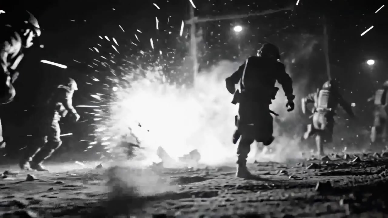 Sprinting solo operator moving right on night road after blast, in tactical gear, smoke and sparks