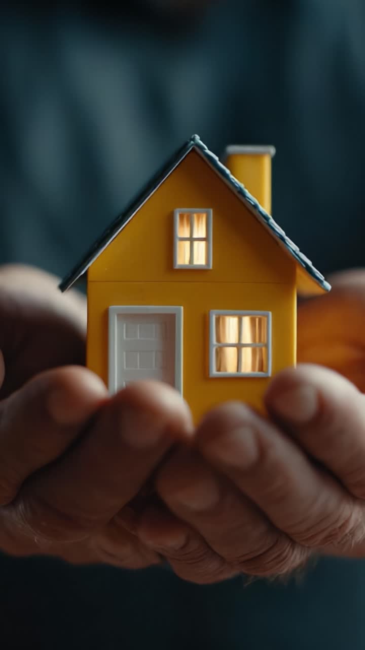 A warm, inviting miniature yellow house held gently in two hands, symbolizing the essence of home, care, and the importance of nurturing one's living space