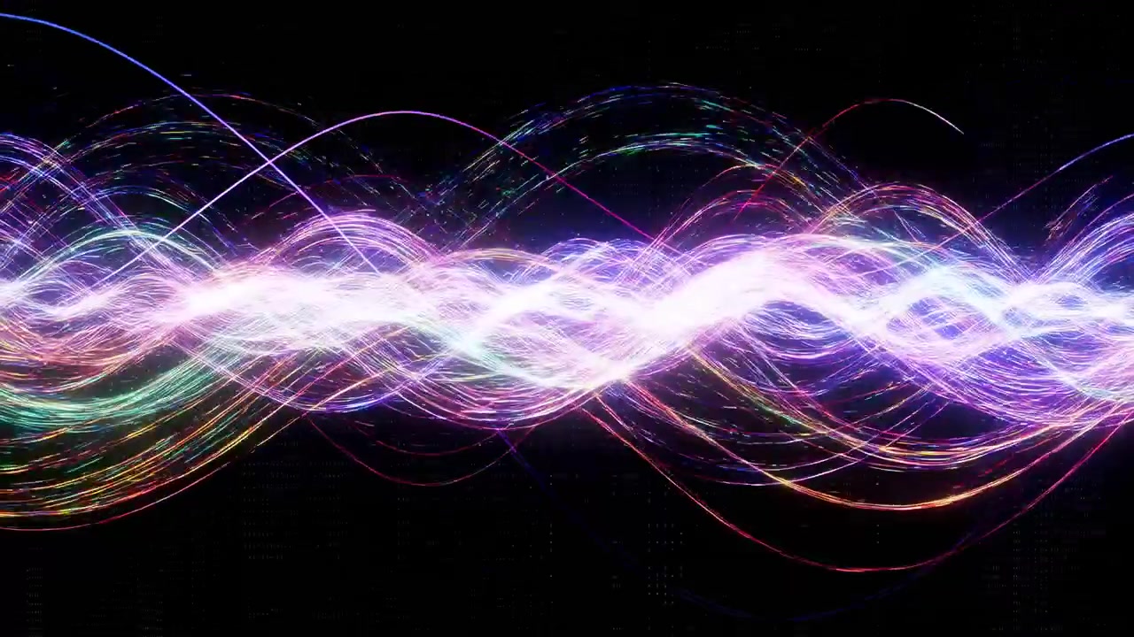Multicolor Neon Waveform Racing Across Black Frame, Sound Designer Mixing Ambient Frequencies, Electric Light
